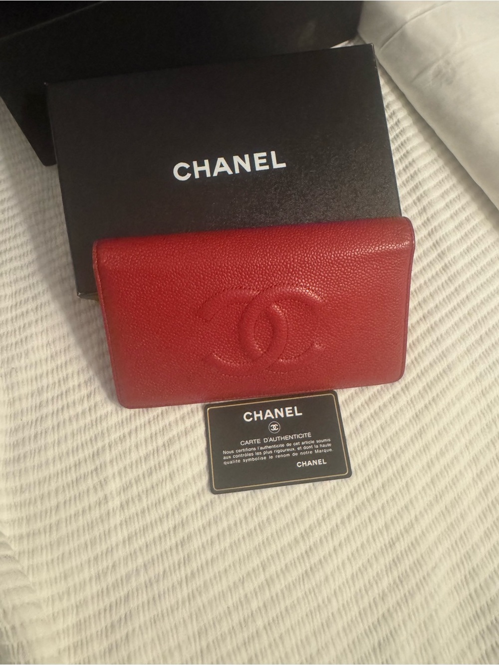 CHANEL Red Leather Card & Key Holder with Embossed CC